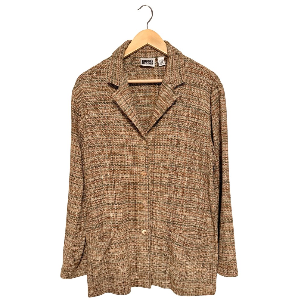 Chico's Design Blazer Size 2 Brown Silk Tweed Textured Cardigan Jacket 100% Silk